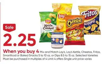 Stater Bros Lay's, Lay's Kettle, Cheetos, Fritos, Smartfood or Baked Snacks 5 to 10 oz. or Dips 8.5 to 15 oz offer