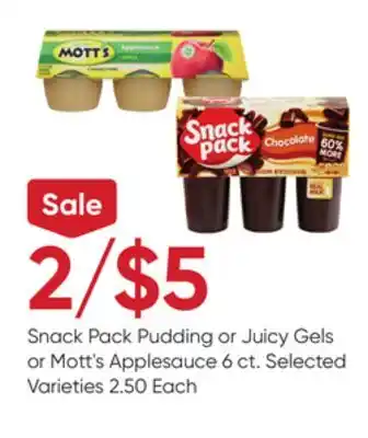 Stater Bros Snack Pack Pudding or Juicy Gels or Mott's Applesauce offer