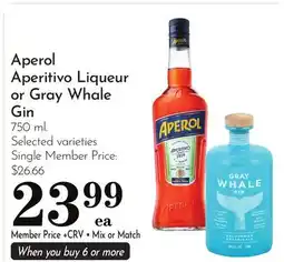 Pavilions Aperol Aperitivo Liqueur or Gray Whale Gin offer