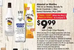 Ralphs Absolut or Malibu offer