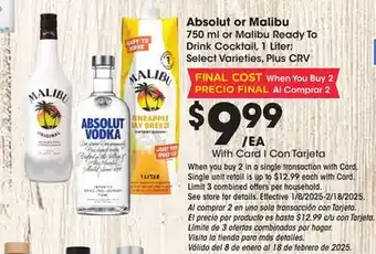 Ralphs Absolut or Malibu offer