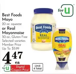 Pavilions Best Foods Mayo 20 oz. squeeze or Real Mayonnaise 30 oz., Gluten Free offer