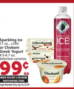 Albertsons Sparkling Ice 17 oz., + CRV or Chobani Greek Yogurt 4.5-6.7 oz offer