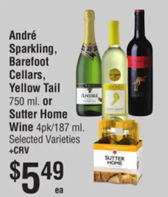 Smart & Final André Sparkling, Barefoot Cellars, Yellow Tail 750 ml. or Sutter Home Wine 4pk/187 ml offer