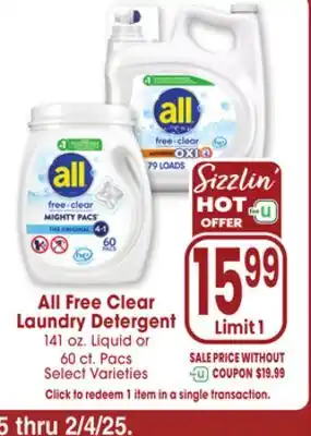 Jewel-Osco All Free Clear Laundry Detergent 141 oz. Liquid or 60 ct. Pacs offer