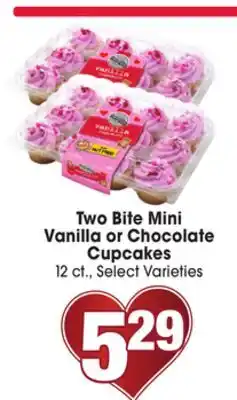 Jewel-Osco Two Bite Mini Vanilla or Chocolate Cupcakes offer