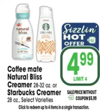 Jewel-Osco Coffee mate Natural Bliss Creamer 28-32 oz. or Starbucks Creamer 28 oz offer