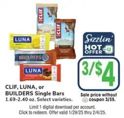 Jewel-Osco CLIF, LUNA, or BUILDERS Single Bars offer