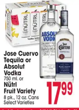 Jewel-Osco Jose Cuervo Tequila or Absolut Vodka 750 ml. or Nütrl Fruit Variety 8 pk., 12 oz. Cans offer