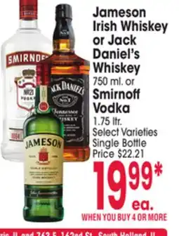 Jewel-Osco Jameson Irish Whiskey or Jack Daniel's Whiskey 750 ml. or Smirnoff Vodka 1.75 ltr offer