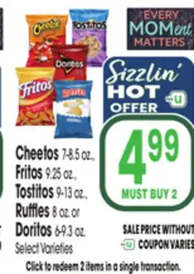 Jewel-Osco Cheetos 7-8.5 oz., Fritos 9.25 oz., Tostitos 9-13 oz., Ruffles 8 oz. or Doritos 6-9.3 oz offer