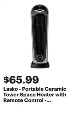 Best Buy Lasko - Portable Ceramic Tower Space Heater with Remote Control - Black/Silver offer