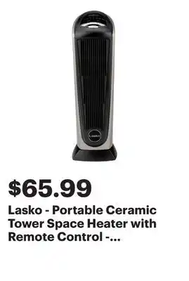 Best Buy Lasko - Portable Ceramic Tower Space Heater with Remote Control - Black/Silver offer