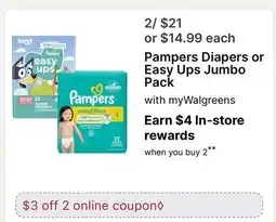 Walgreens Pampers Diapers or Easy Ups Jumbo Pack offer