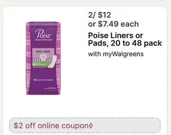 Walgreens Poise Liners or Pads, 20 to 48 pack offer