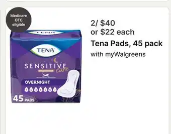 Walgreens Tena Pads, 45 pack offer