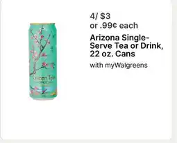 Walgreens Arizona Single-Serve Tea or Drink, 22 oz. Cans offer