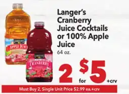 Vallarta Supermarkets Langer's Cranberry Juice Cocktails or 100% Apple Juice offer