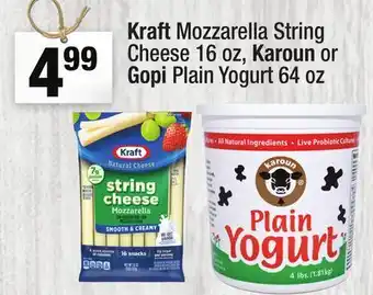 Super King Markets Kraft Mozzarella String Cheese 16 oz, Karoun or Gopi Plain Yogurt 64 oz offer