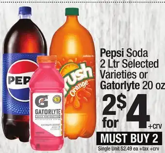 Super King Markets Pepsi Soda 2 Ltr Selected Varieties or Gatorlyte 20 oz offer