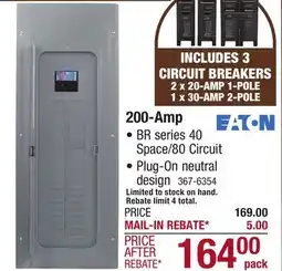 Menards Eaton Type BR 200-Amp 40-Space 80-Circuit Indoor Main Breaker Plug-On Neutral Load Center Value Pack offer