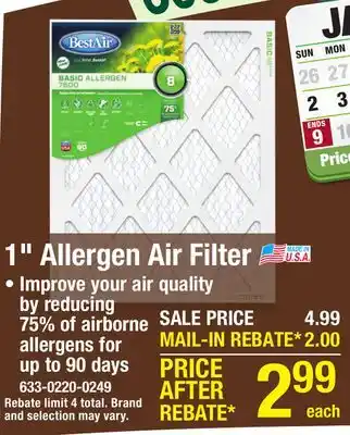 Menards BestAir Basic Allergen 7500 16 x 20 x 1 MERV 8 Pleated Air Filter offer