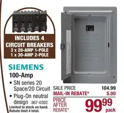 Menards Siemens SN 100-Amp 20-Space 20-Circuit Indoor Main Breaker Plug-On Neutral Load Center Value Pack offer