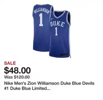 Dick's Sporting Goods Nike Men's Zion Williamson Duke Blue Devils #1 Duke Blue Limited Basketball Jersey offer