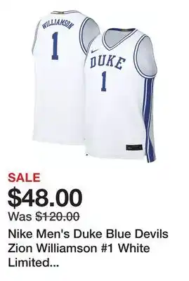 Dick's Sporting Goods Nike Men's Duke Blue Devils Zion Williamson #1 White Limited Basketball Jersey offer