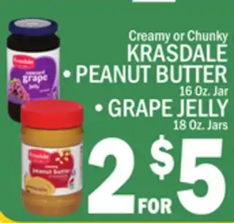 C Town KRASDALE PEANUT BUTTER 16 Oz. Jar, GRAPE JELLY 18 Oz. Jars offer