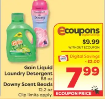 Weis Markets Gain Liquid Laundry Detergent 88 oz Downy Scent Beads 12.2 oz offer