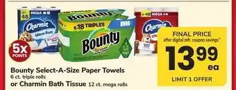 ACME Bounty Select-A-Size Paper Towels 6 ct. triple rolls or Charmin Bath Tissue 12 ct. mega rolls offer