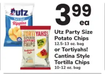 ACME Utz Party Size Potato Chips 12.5-13 oz. bag or Tortiyahs! Cantina Style Tortilla Chips 10-12 oz. bag offer