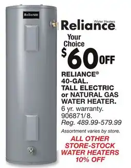 Blain's Farm & Fleet RELIANCE 40-GAL. TALL ELECTRIC orNATURAL GAS WATER HEATER offer