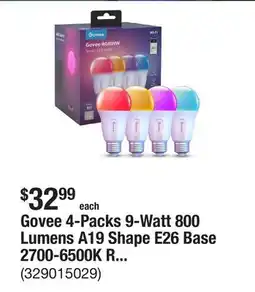 The Home Depot Govee 4-Packs 9-Watt 800 Lumens A19 Shape E26 Base 2700-6500K RGBWW Smart LED Bulb offer