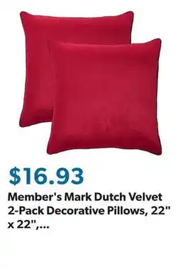 Sam's Club Member's Mark Dutch Velvet 2-Pack Decorative Pillows, 22 x 22, Assorted Colors offer