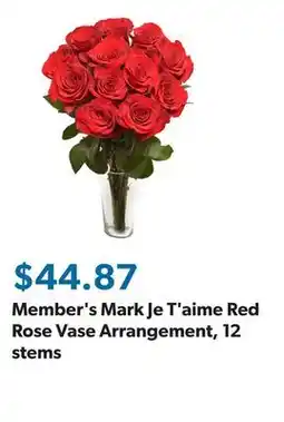 Sam's Club Member's Mark Je T'aime Red Rose Vase Arrangement, 12 stems offer