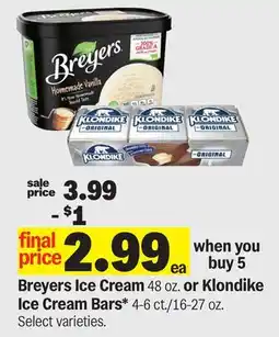 Meijer Breyers Ice Cream 48 oz. or Klondike Ice Cream Bars* 4-6 ct./16-27 oz offer