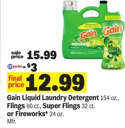 Meijer Gain Liquid Laundry Detergent 154 oz., Flings 60 ct., Super Flings 32 ct. or Fireworks* 24 oz offer