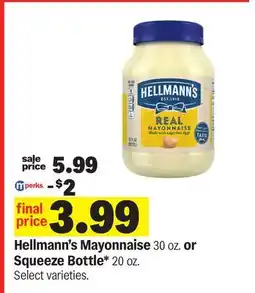 Meijer Hellmann's Mayonnaise 30 oz. or Squeeze Bottle 20 oz offer