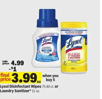 Meijer Lysol Disinfectant Wipes 75-80 ct. or Laundry Sanitizer* 21 oz offer