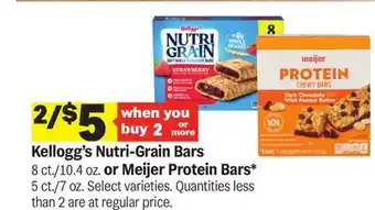 Meijer Kellogg's Nutri-Grain Bars 8 ct./10.4 oz. or Meijer Protein Bars 5 ct./7 oz offer