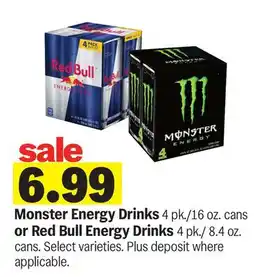 Meijer Monster Energy Drinks 4 pk./16 oz. cans or Red Bull Energy Drinks 4 pk./8.4 oz. cans offer