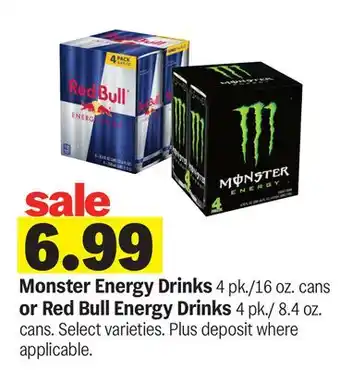 Meijer Monster Energy Drinks 4 pk./16 oz. cans or Red Bull Energy Drinks 4 pk./8.4 oz. cans offer