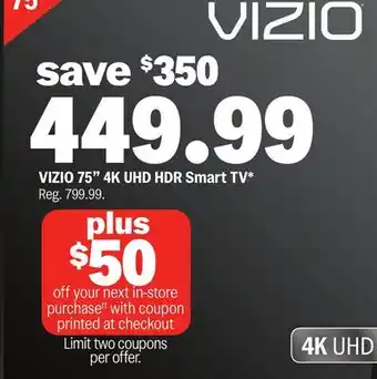 Meijer VIZIO 75 4K UHD HDR Smart TV offer