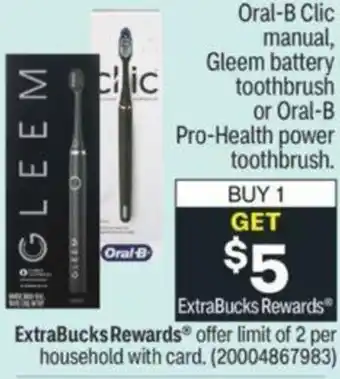 CVS Oral-B Clic Manual, Gleem Battery Toothbrush Or Oral-B Pro-Health Power Toothbrush offer