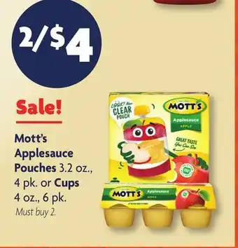 Family Dollar Mott's Applesauce Pouches 3.2 oz., 4 pk. or Cups 4 oz., 6 pk offer