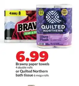 Hy-Vee Brawny paper towels 4 double rolls or Quilted Northern bath tissue 6 mega rolls offer