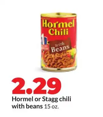 Hy-Vee Hormel or Stagg chili with beans offer