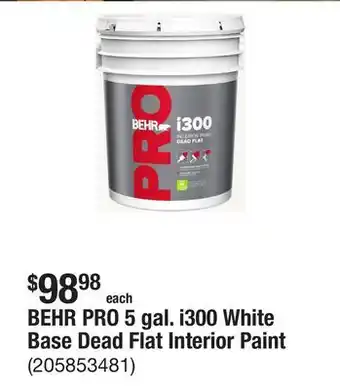 The Home Depot BEHR PRO 5 gal. i300 White Base Dead Flat Interior Paint offer